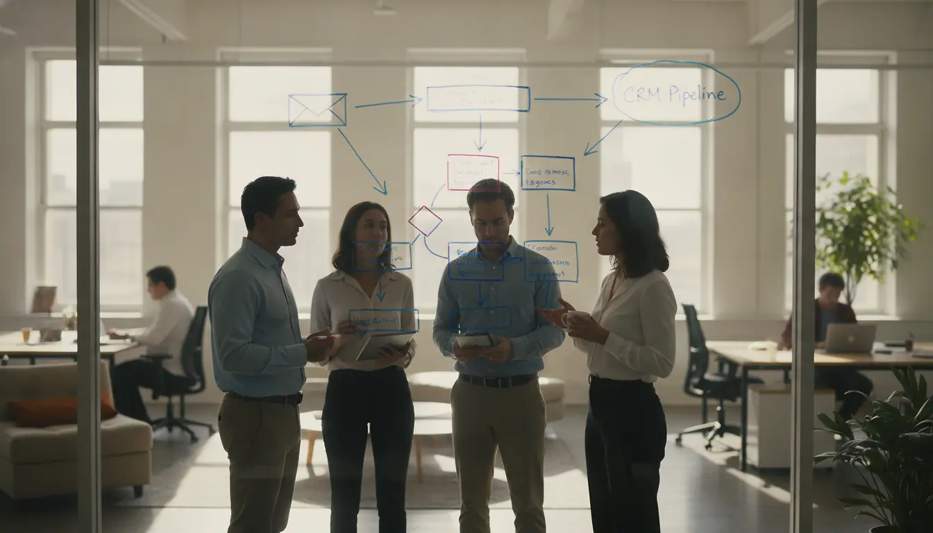 Bureau B2B moderne avec un ordinateur portable affichant un scénario d'e-mails automatisés relié à un CRM