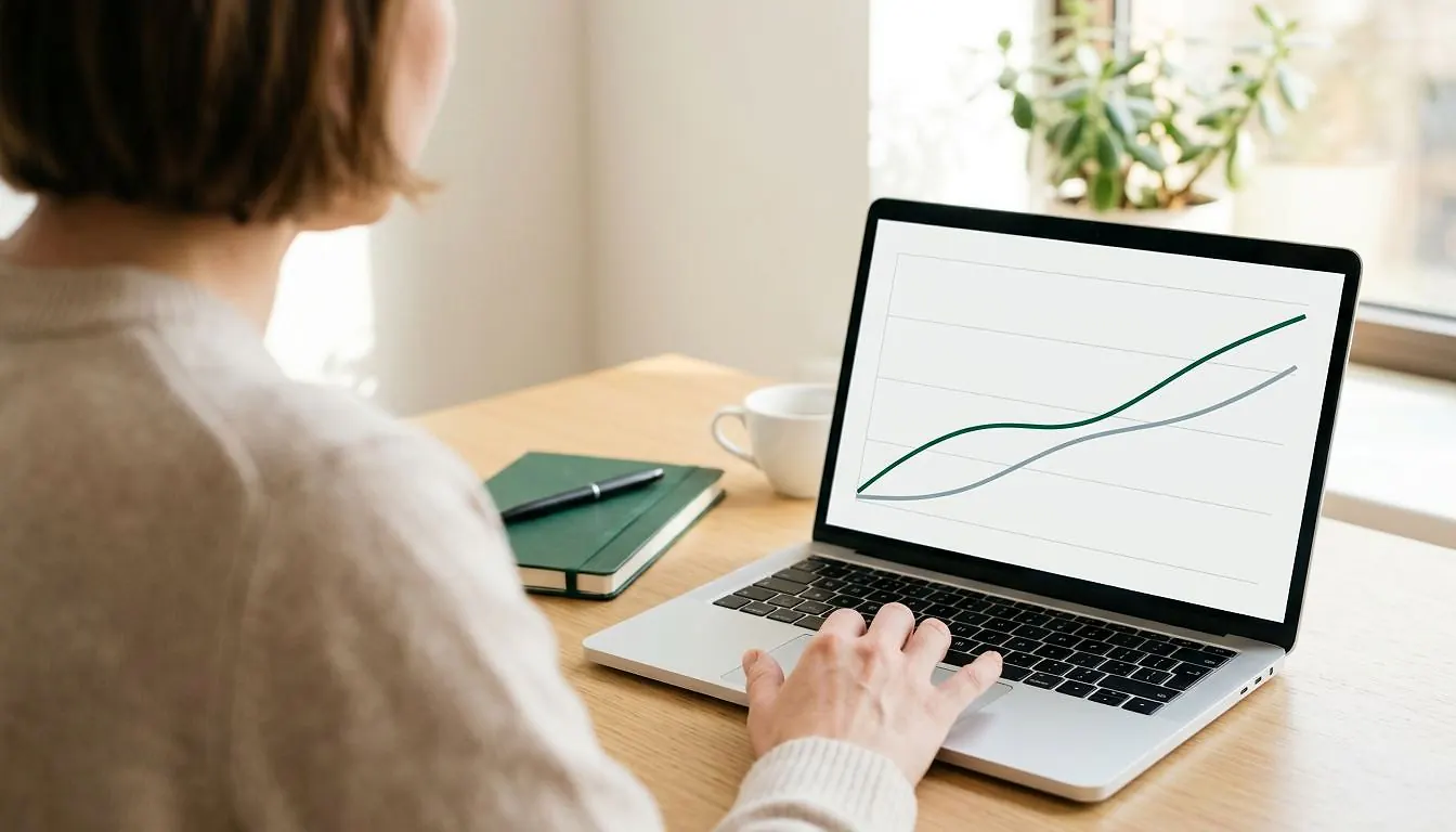 Personne analysant deux courbes de clics et d'impressions sur un ordinateur portable dans un bureau