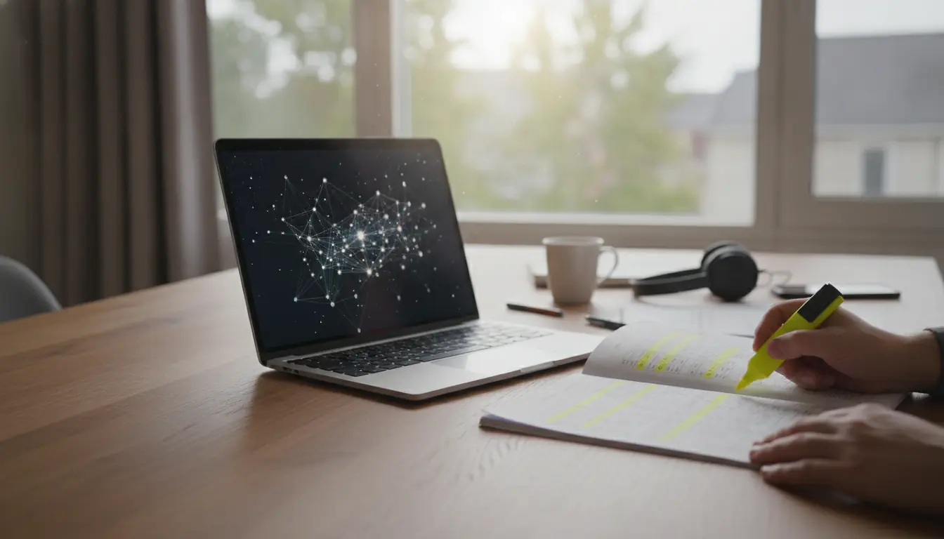 Bureau avec ordinateur portable affichant un graphe de sites reliés entre eux et un rapport de backlinks imprimé