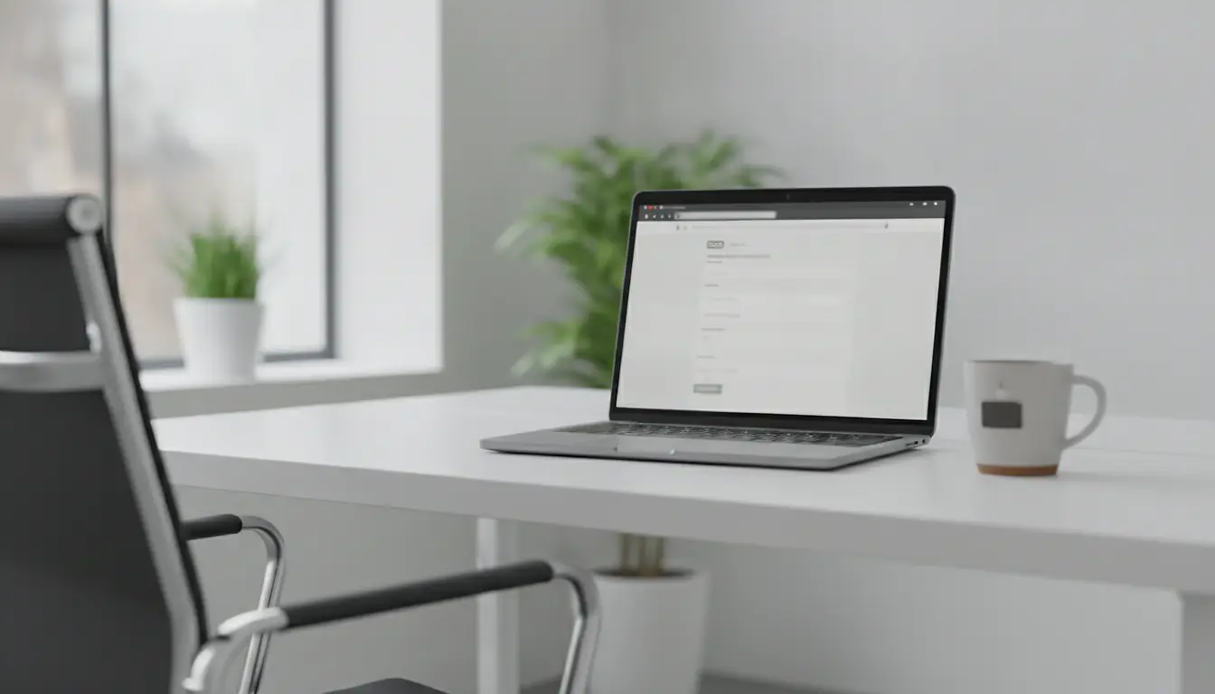 Ordinateur portable affichant une interface WordPress avec des réglages SEO, bureau de travail lumineux