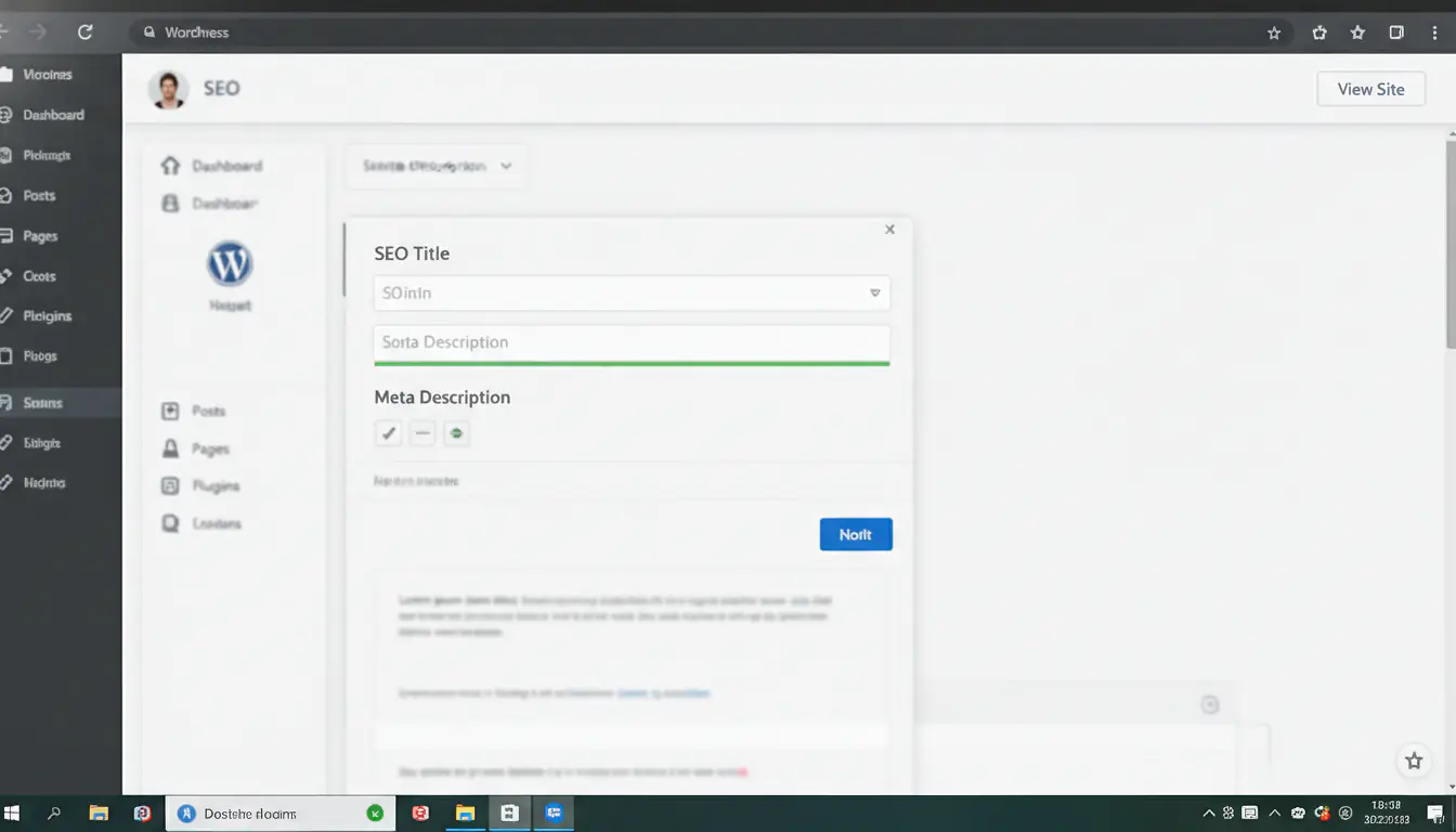 Interface d'administration WordPress avec un plugin SEO affichant les champs de configuration title et meta description