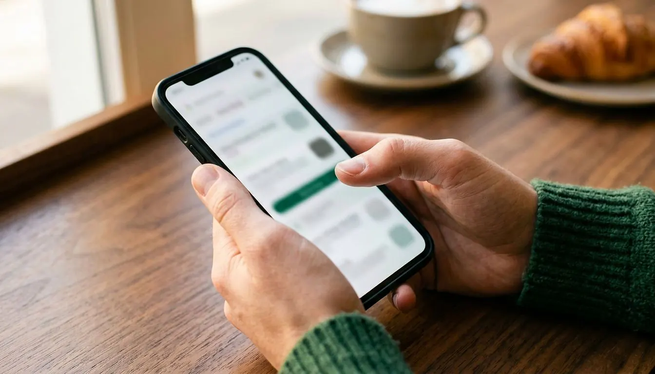 Pouce sur le point de toucher un résultat de recherche sur un smartphone au café