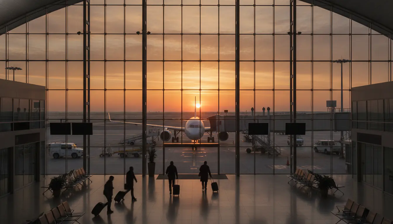 Vue depuis un terminal d'aéroport au lever du soleil sur un avion de ligne à la porte d'embarquement